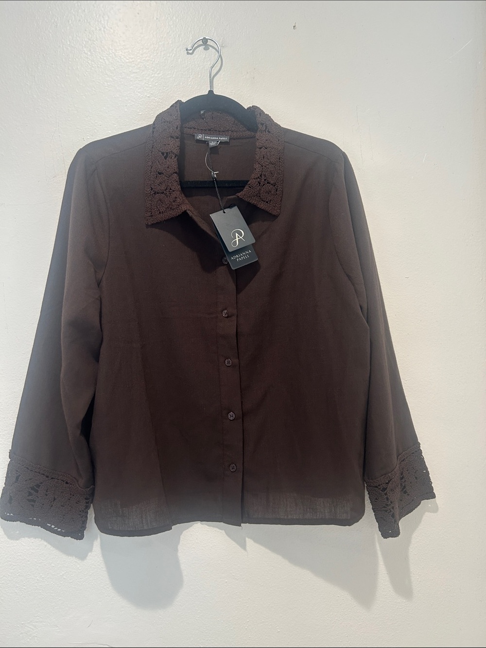 Adrianna Papell Brown Button-Down Shirt with Crochet Trim